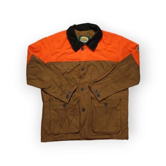 Vintage Cabelas Blaze Orange Hunting Safari Quilt Elbow Patch Jacket Mens Medium - Picture 1 of 10